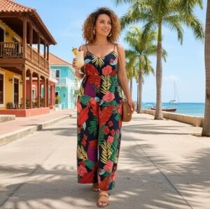 2XL Tropical Print Plus Size Jumpsuit Cami Straps Colorful Trendy Beach Vibes